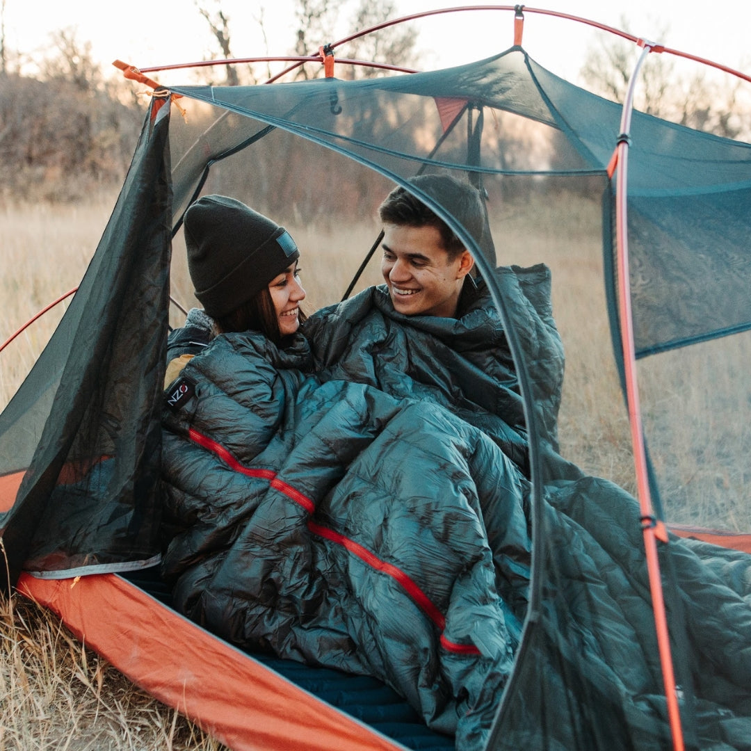 Near Zero Outdoor Gear - 2P DynaLite Tent - 2 people in sleeping bags, sharing a tent