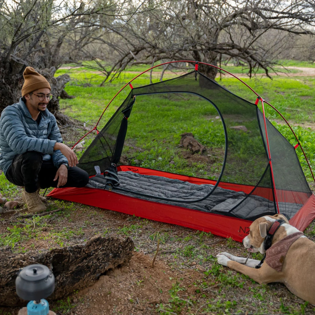 Near Zero Outdoor Gear - 1P DynaLite Tent - Man posing next to 1 person tent, with dog