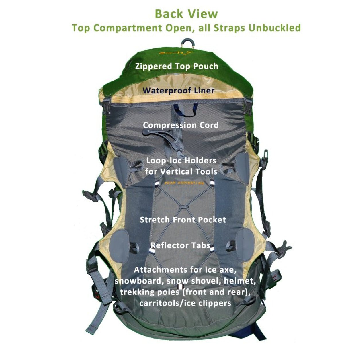 Aarn - 50 or 60 Liter Peak Aspiration Backpack - Back, with features