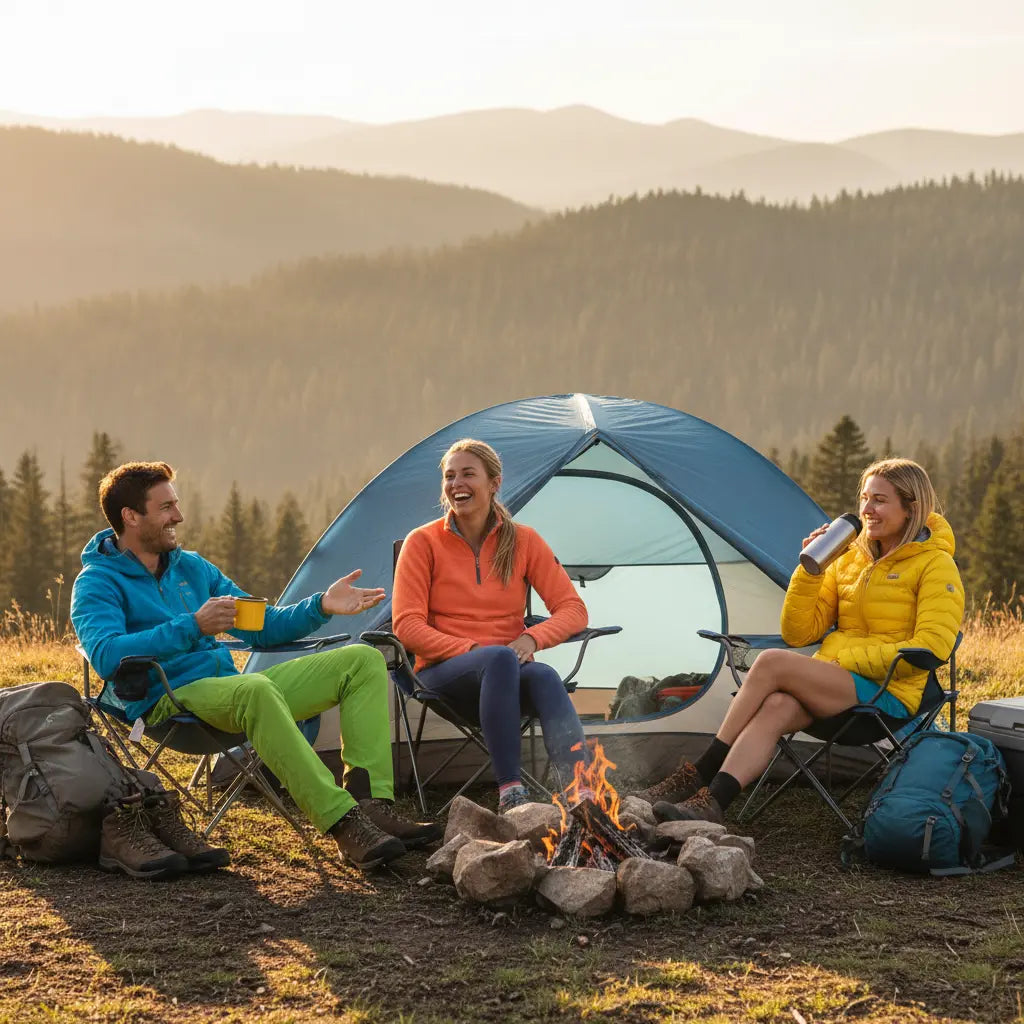 Three people camping in the mountains, enjoying conversation around a campfire, with a tent in the background.