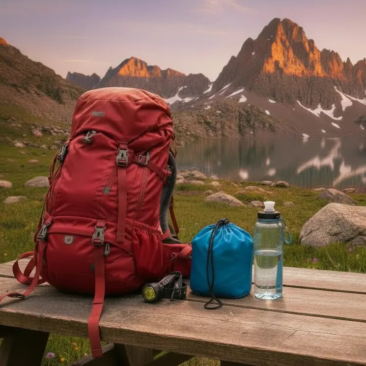 Various hiking gear (backpack, stuff sack, water bottle, etc) displayed a picnic table next to a mountain lake.