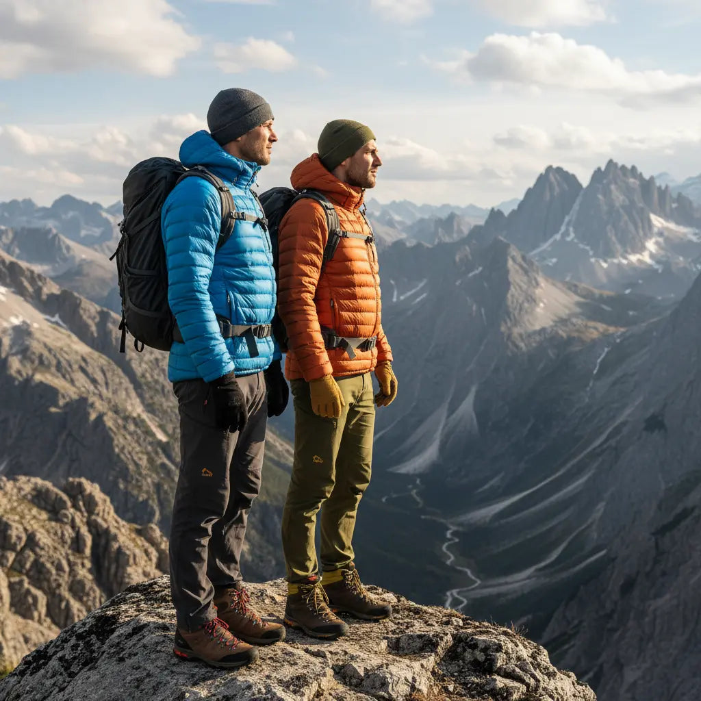 Two men in hiking apparel on a mountain peak with a breathtaking view of the surrounding mountains.