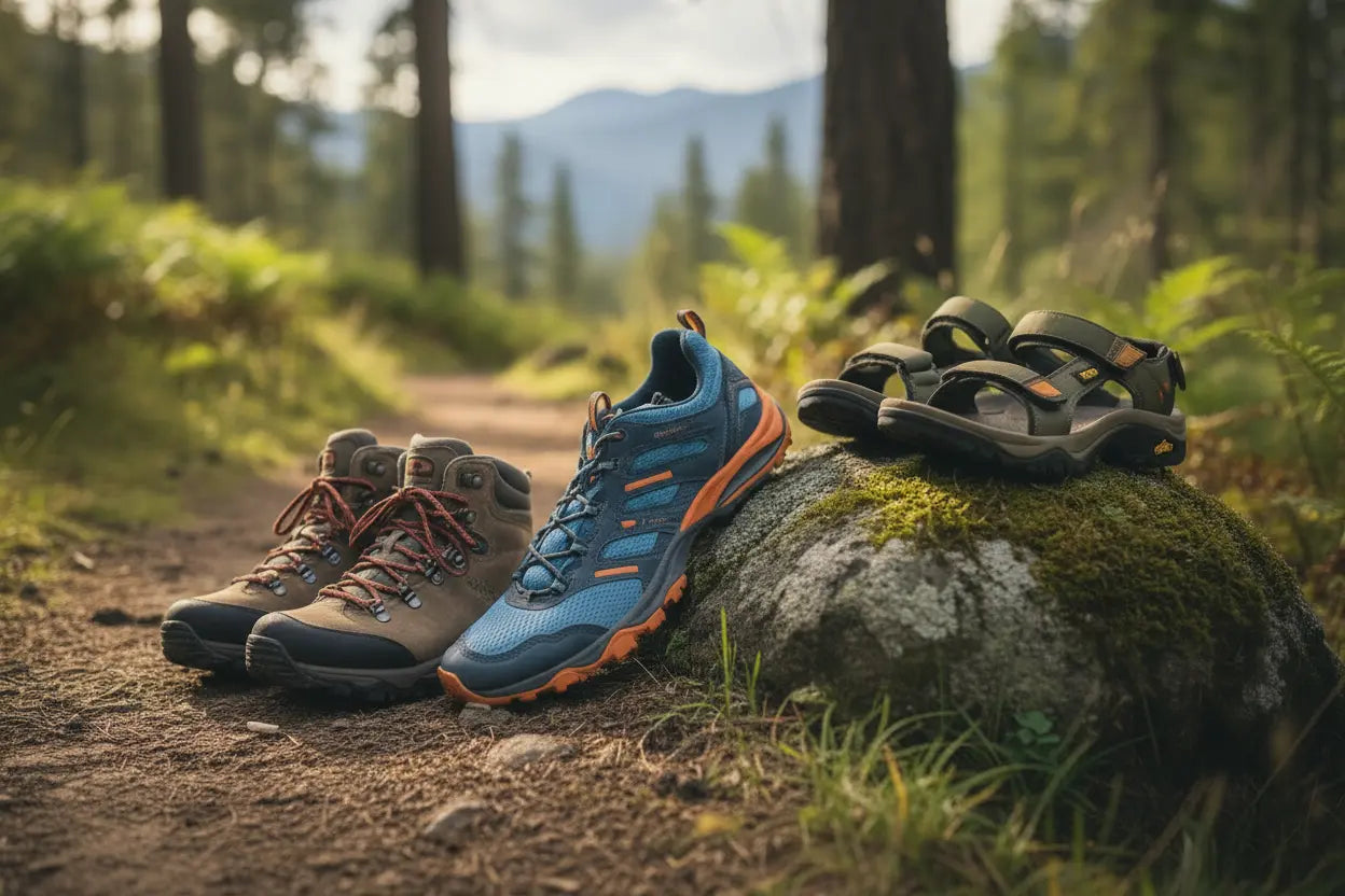 Various men's hiking footwear on a rock in a forest setting.