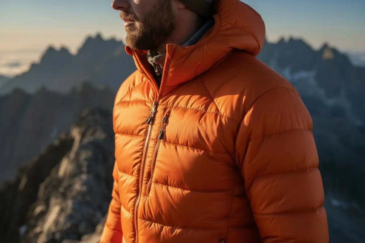 Man wearing an puffy jacket standing on a mountain peak with a scenic view.