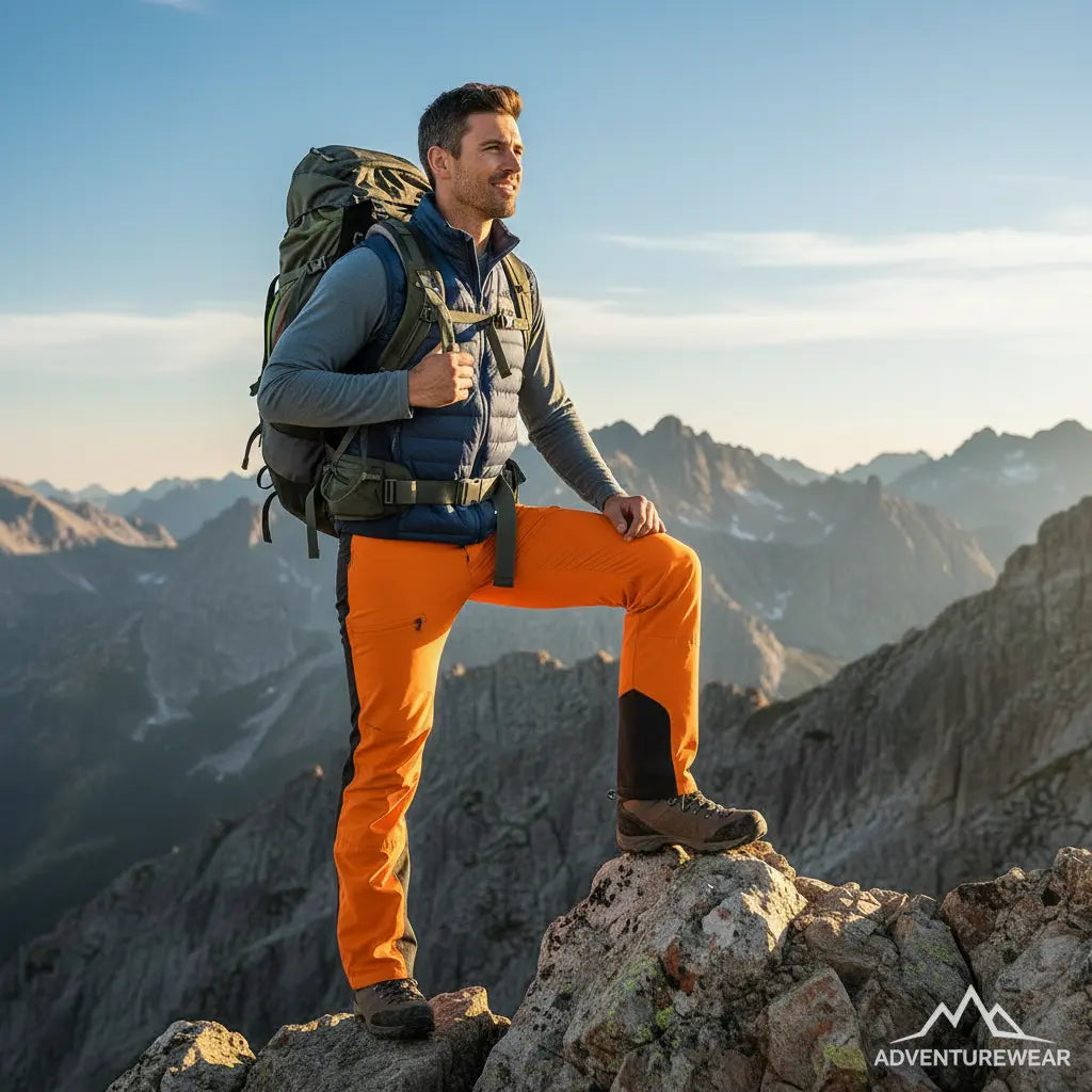 Man in hiking pants standing on a mountain peak looking off into the distance.