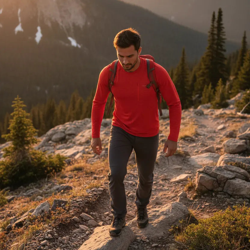 Man wearing a hiking shirt on a mountain trail.