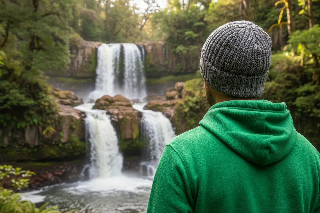 Man wearing a green hoodie standing in front of a waterfall in a forest.
