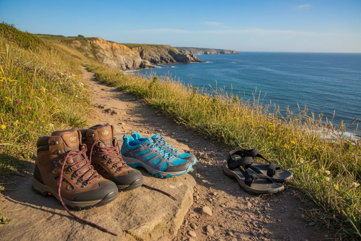 Various women's footwear display along side a hiking trail by the sea.