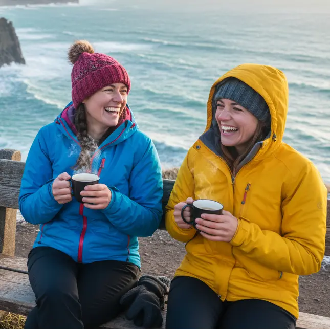 Two women in hiking jackets, on a bench by the sea, holding mugs and laughing.
