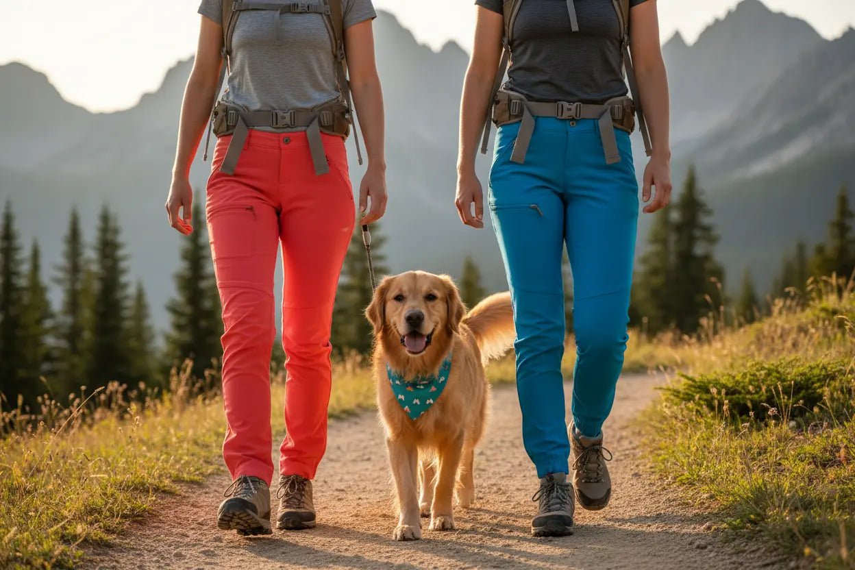Two women in hiking pants walking a dog on a trail with mountains in the background.