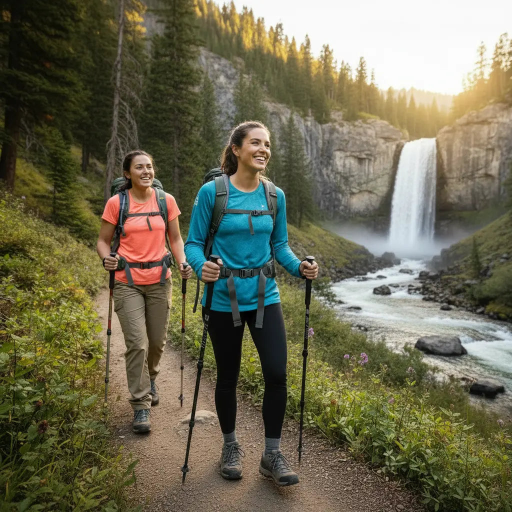 Two women in hiking shirts walking on a trail with a waterfall in the background.