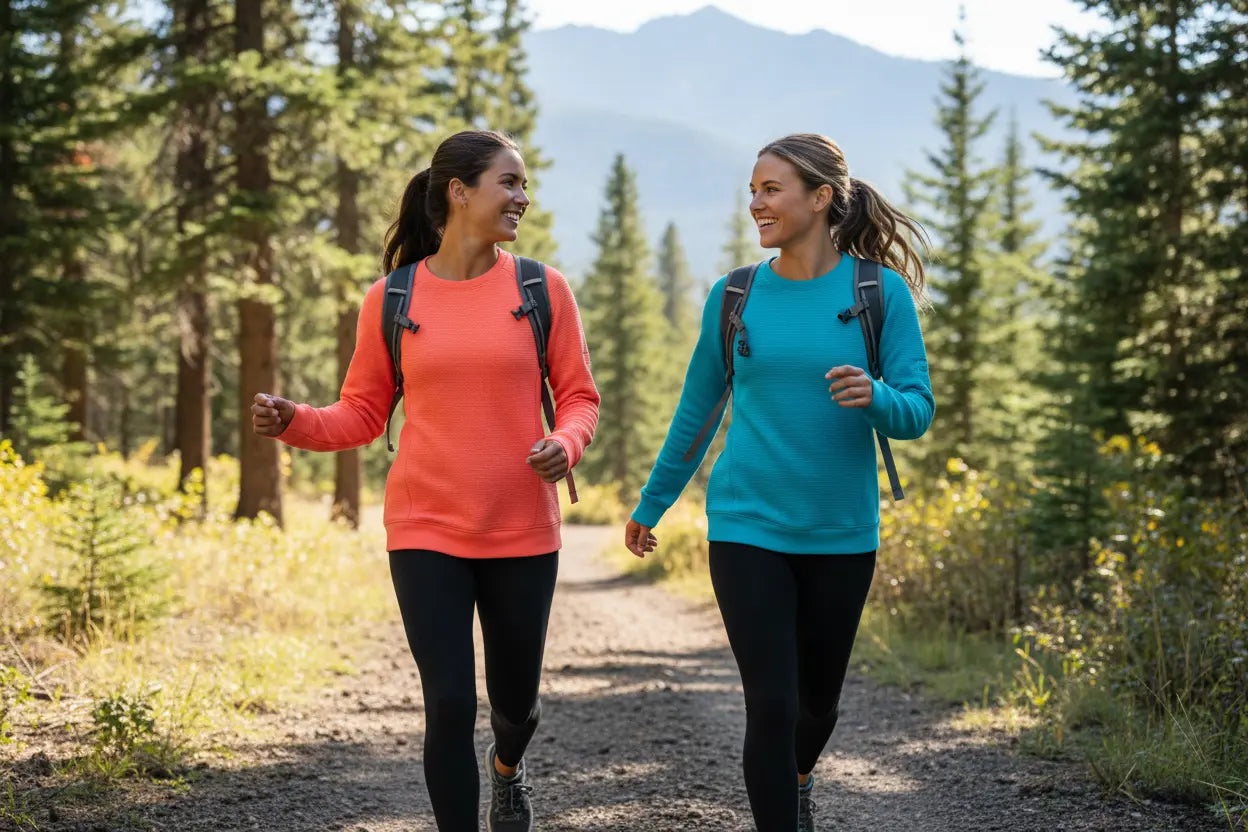 Two women in hiking sweatshirts, walking on a trail with trees and mountains in the background.