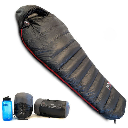 Near Zero Outdoor Gear - NZ 20 Mummy Sleeping Bag - Sleeping bag shown unrolled and rold-up configurations
