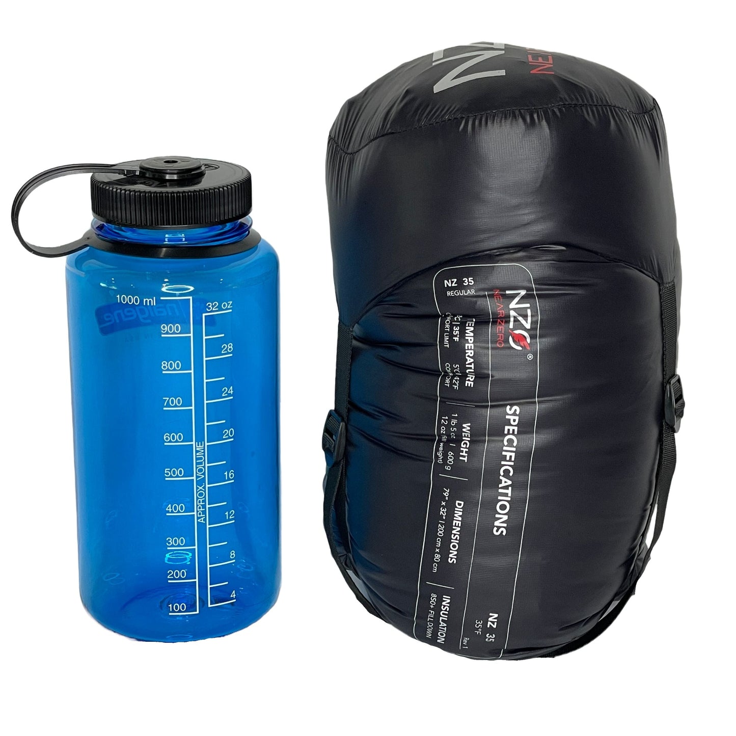 Near Zero Outdoor Gear - NZ 35 Mummy Sleeping Bag - Compressed to approx. size of 32oz water bottle