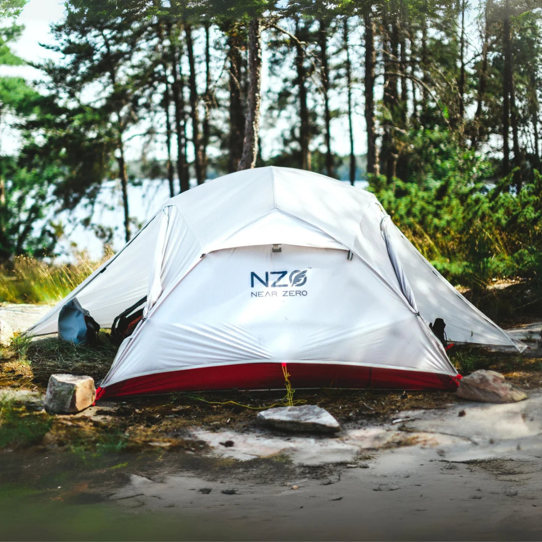 Near Zero Outdoor Gear - 3P DynaLite Tent - 3 person tent with rain-fly setup at campsite