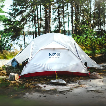 Near Zero Outdoor Gear - 3P DynaLite Tent - 3 person tent with rain-fly setup at campsite