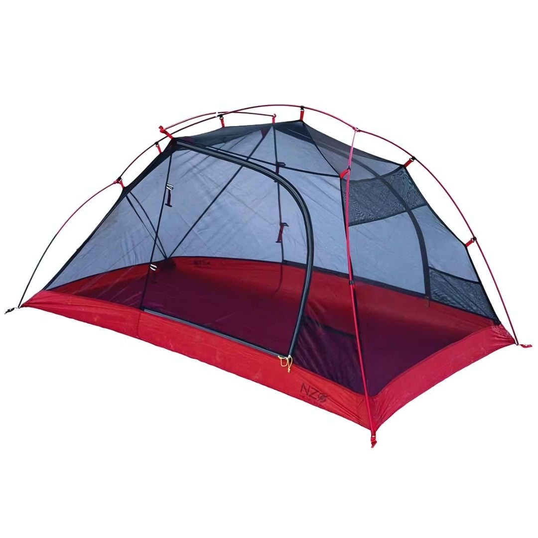 Near Zero Outdoor Gear - 2P DynaLite Tent - 2 person tent setup with star-gazing mesh design, door closed