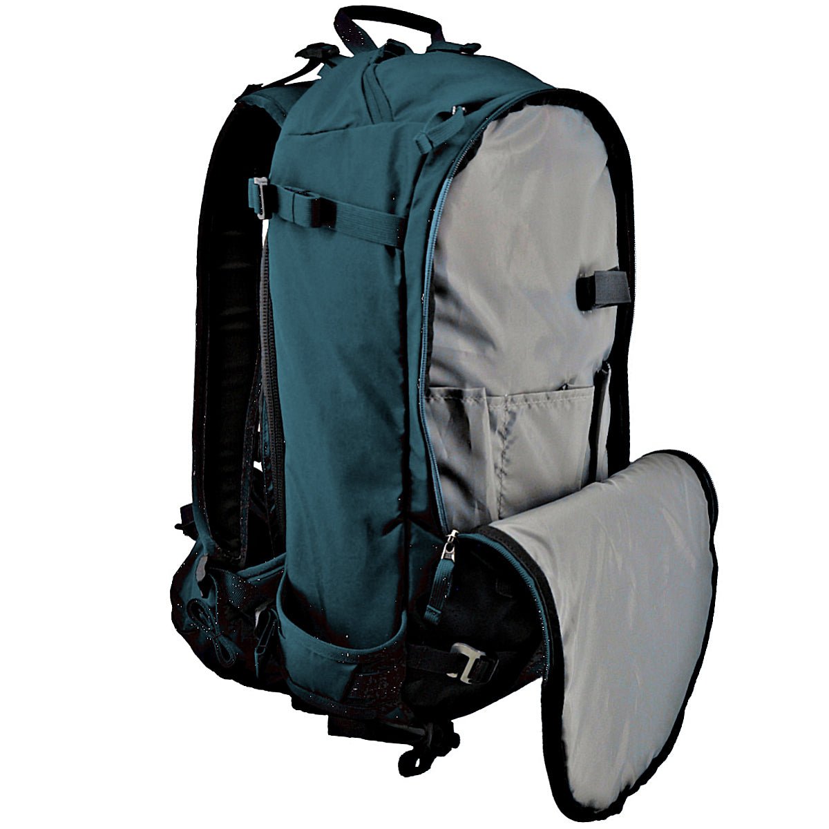 Couloir - 30 Liter Ride Ski Pack - Front left, front pouch open - Mediterranean