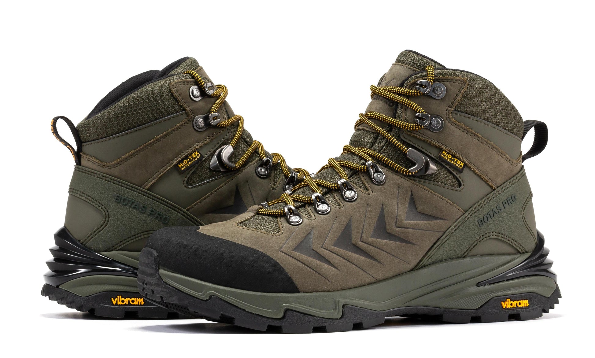 Rock Rooster Footwear Inc - Botas Pro 6 Inch Waterproof Hiking Boots with VIBRAM Traction Lug Outsole - Olive - Pair of boots, shown from side