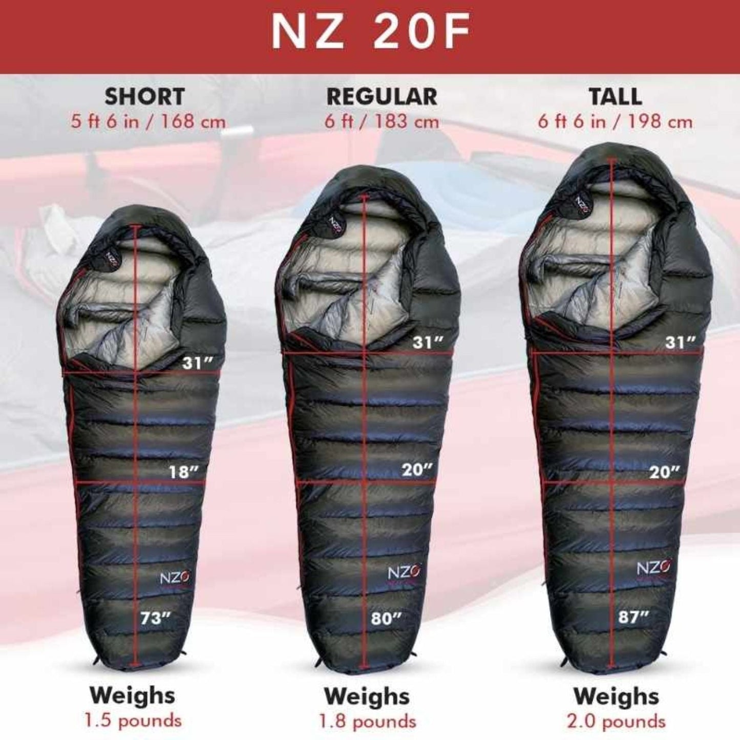 Near Zero Outdoor Gear - NZ 20 Mummy Sleeping Bag - Size chart