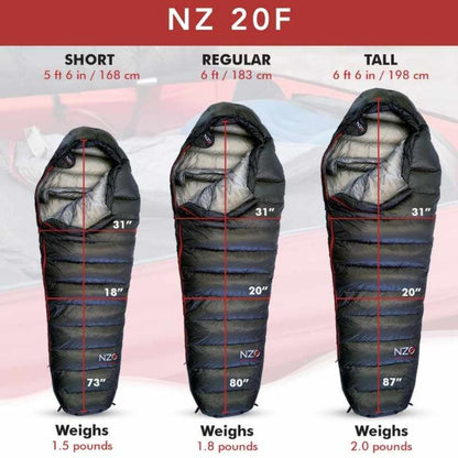 Near Zero Outdoor Gear - NZ 20 Mummy Sleeping Bag - Size chart