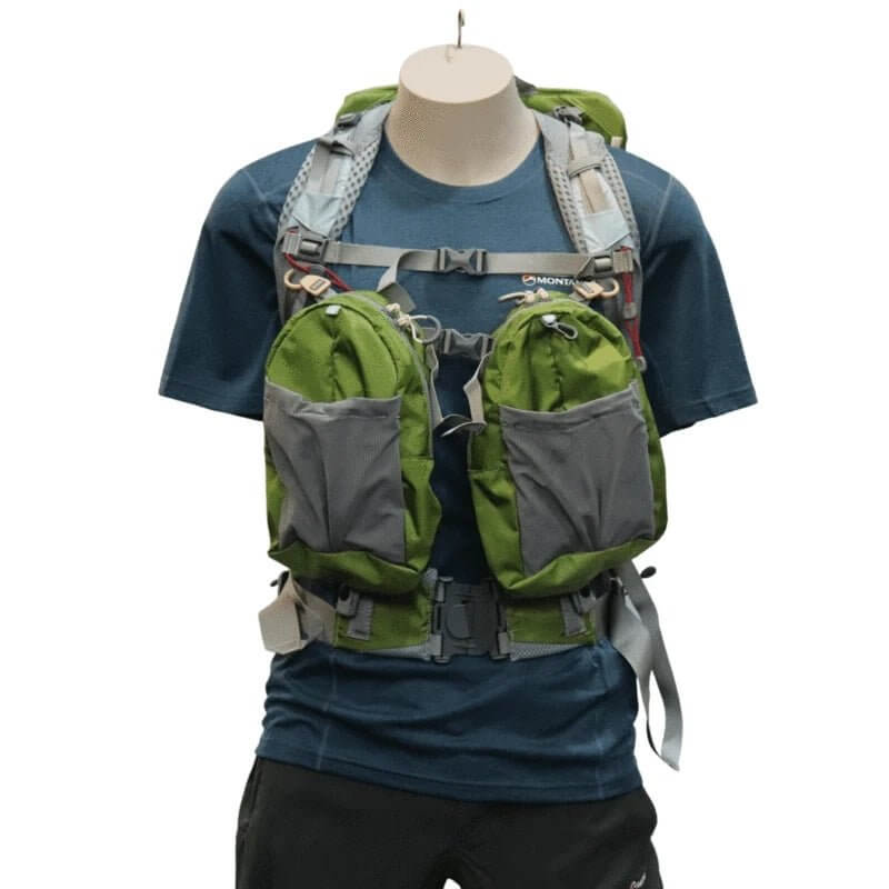 Aarn - 44 Liter Mountain Magic Backpack - Mannequin wearing backpack, shoulder straps with Balance Pockets