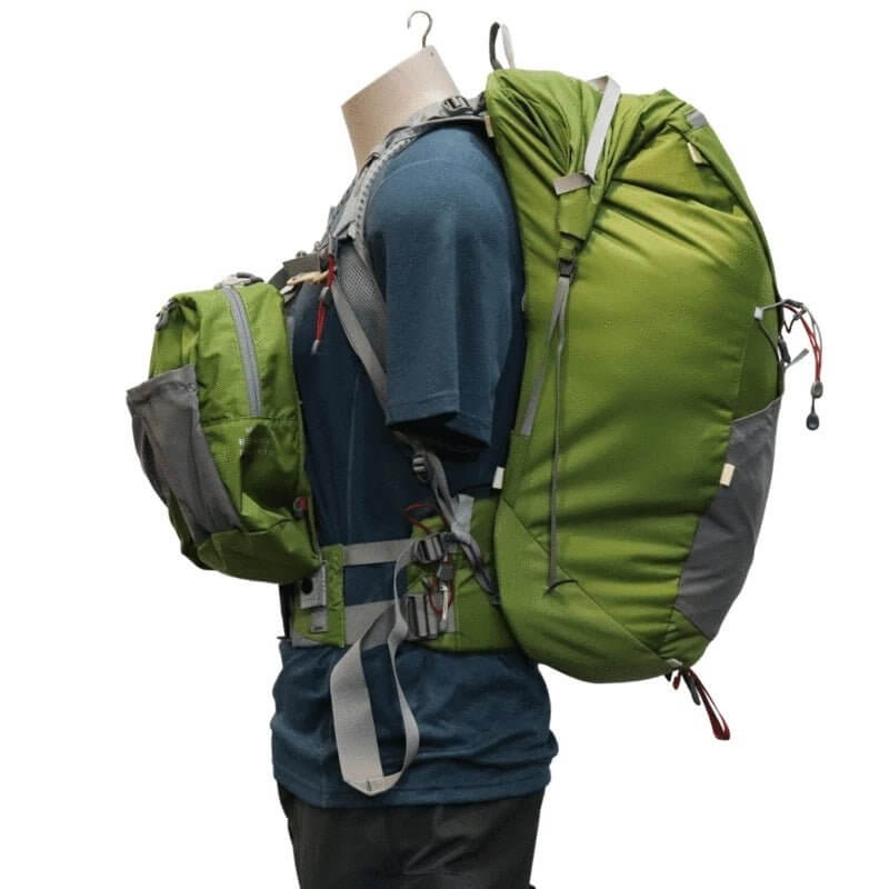 Aarn - 44 Liter Mountain Magic Backpack - Mannequin wearing backpack, left with Balance Pockets