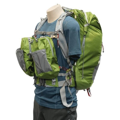 Aarn - 44 Liter Mountain Magic Backpack - Mannequin wearing backpack, front left with Balance Pockets