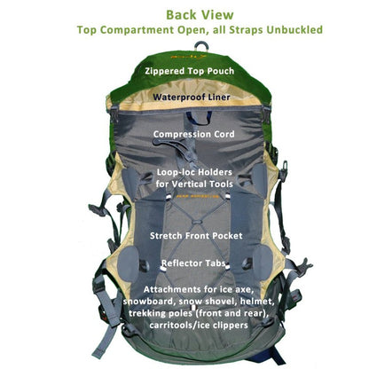 Aarn - 50 or 60 Liter Peak Aspiration Backpack - Back, with features