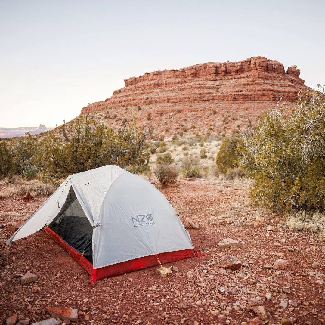 Near Zero Outdoor Gear - 2P DynaLite Tent - 2 person tent setup at campsite with rain-fly privacy cover