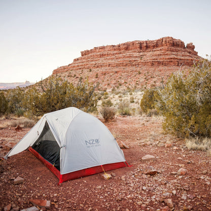Near Zero Outdoor Gear - 2P DynaLite Tent - 2 person tent setup at campsite with rain-fly privacy cover