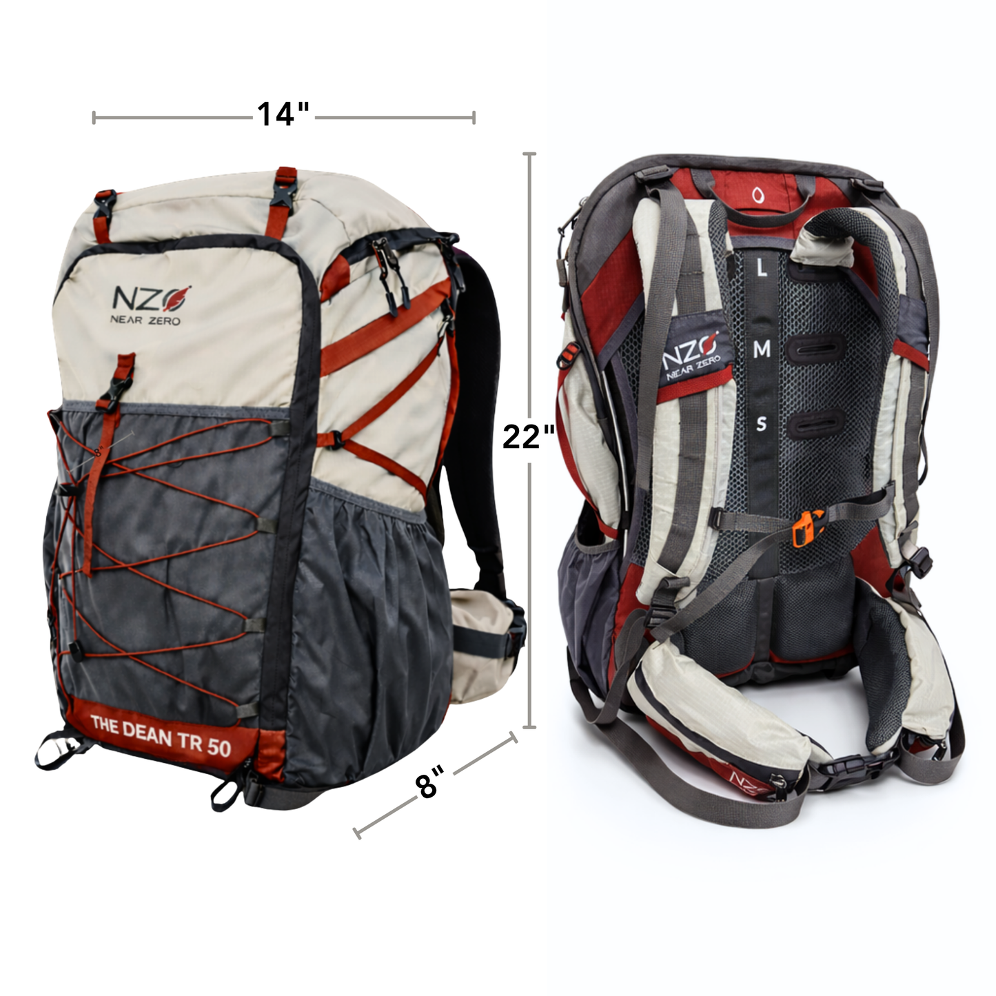 Near Zero Outdoor Gear - The Dean TR 50 Overnight Hiking Backpack - Front right with dimensions, and view of shoulder straps
