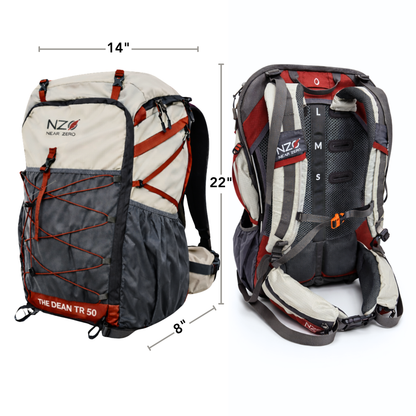 Near Zero Outdoor Gear - The Dean TR 50 Overnight Hiking Backpack - Front right with dimensions, and view of shoulder straps