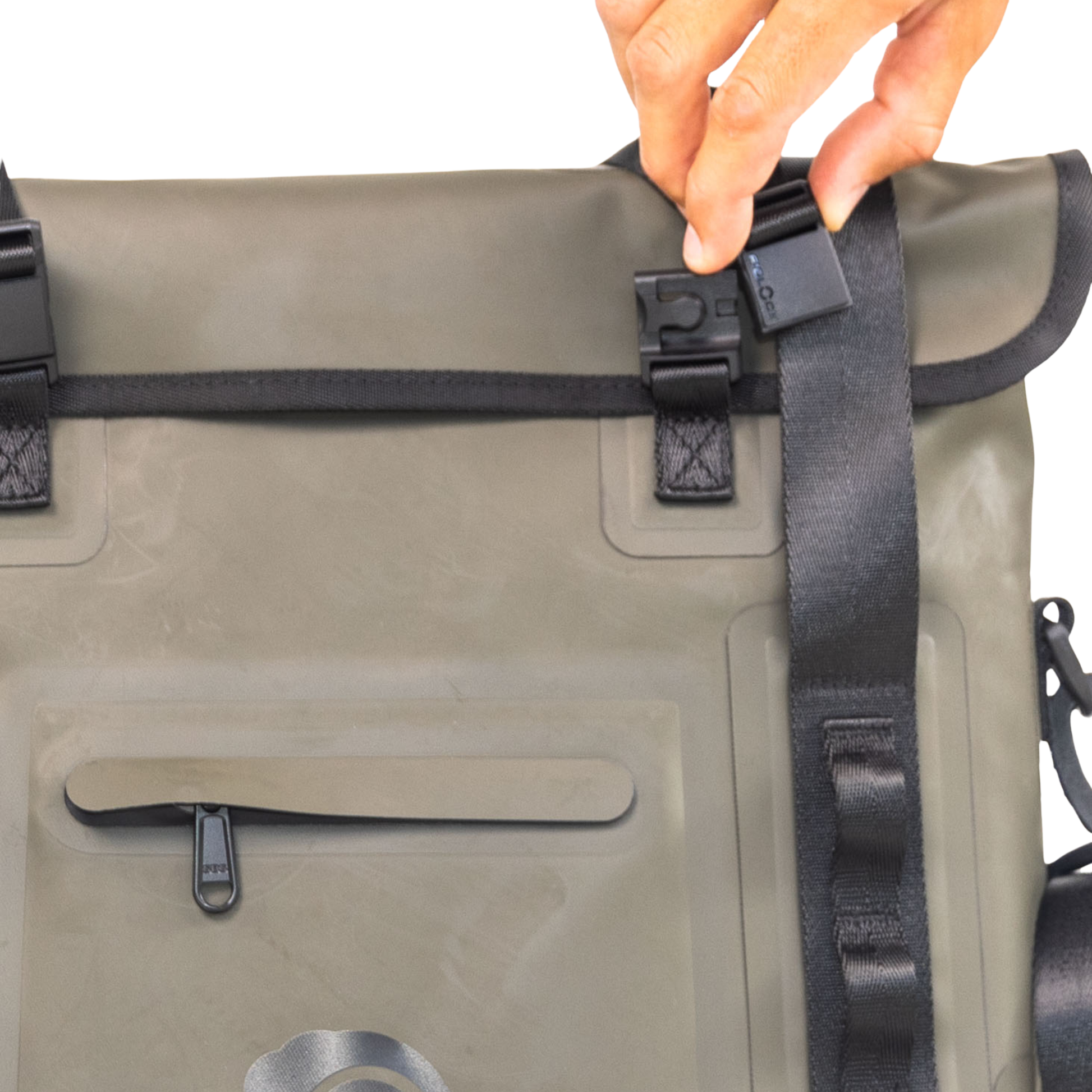 Dry Pocket - Waterproof Floating Cooler Tote - Hunter Green - Fidlock magnetic buckles detail