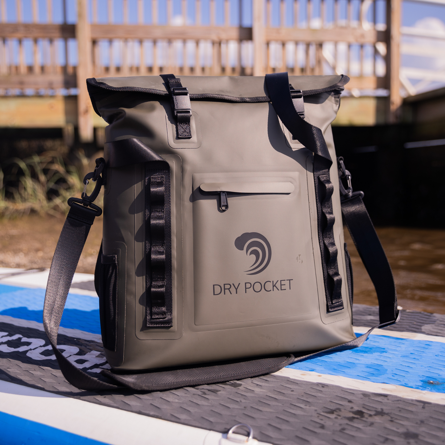 Dry Pocket - Waterproof Floating Cooler Tote - Hunter Green - Displayed at the beach