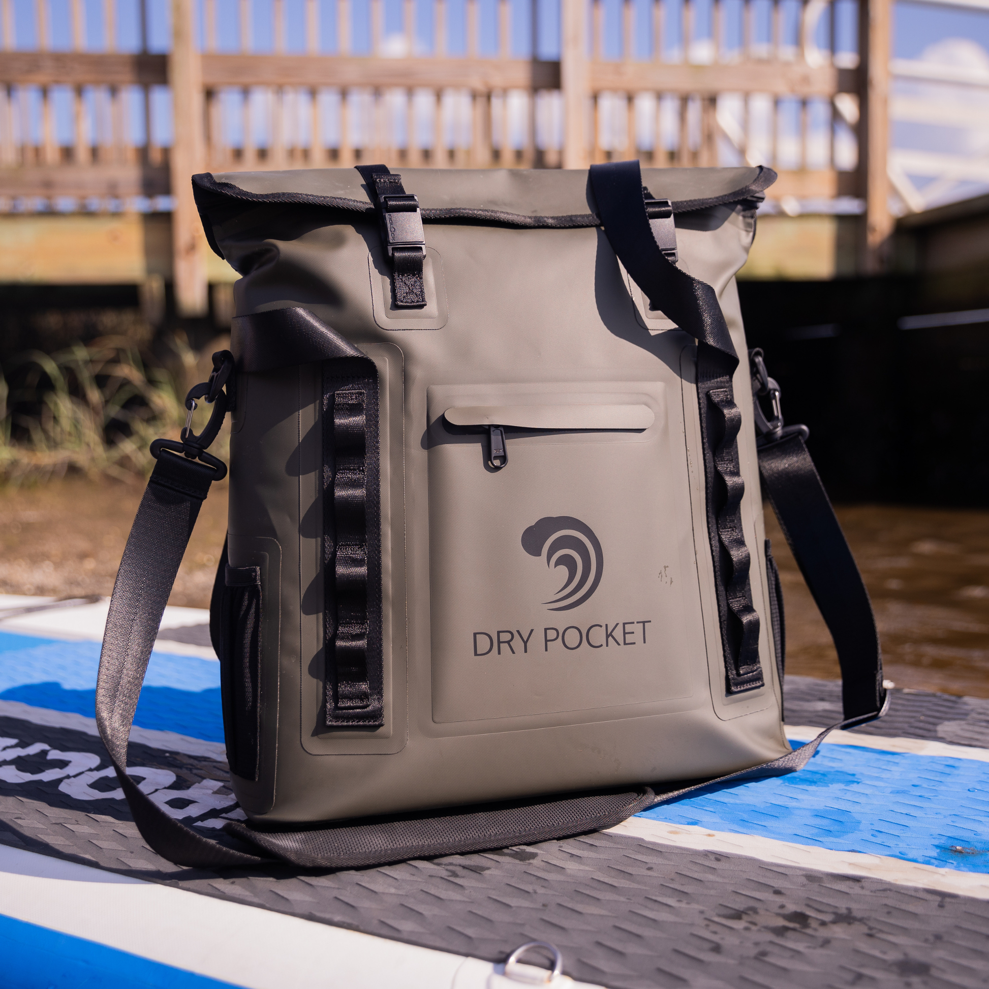 Dry Pocket - Waterproof Floating Cooler Tote - Hunter Green - Displayed at the beach