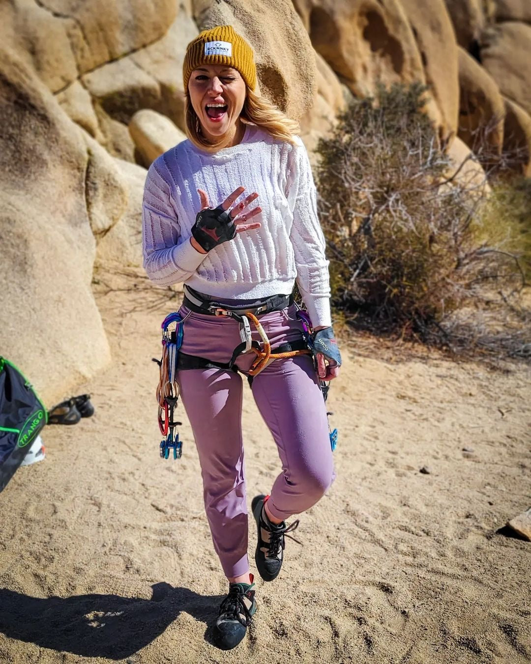 Soul Fire Apparel Co - Chalkras - Happy climber, wearing harness - Soft lilac