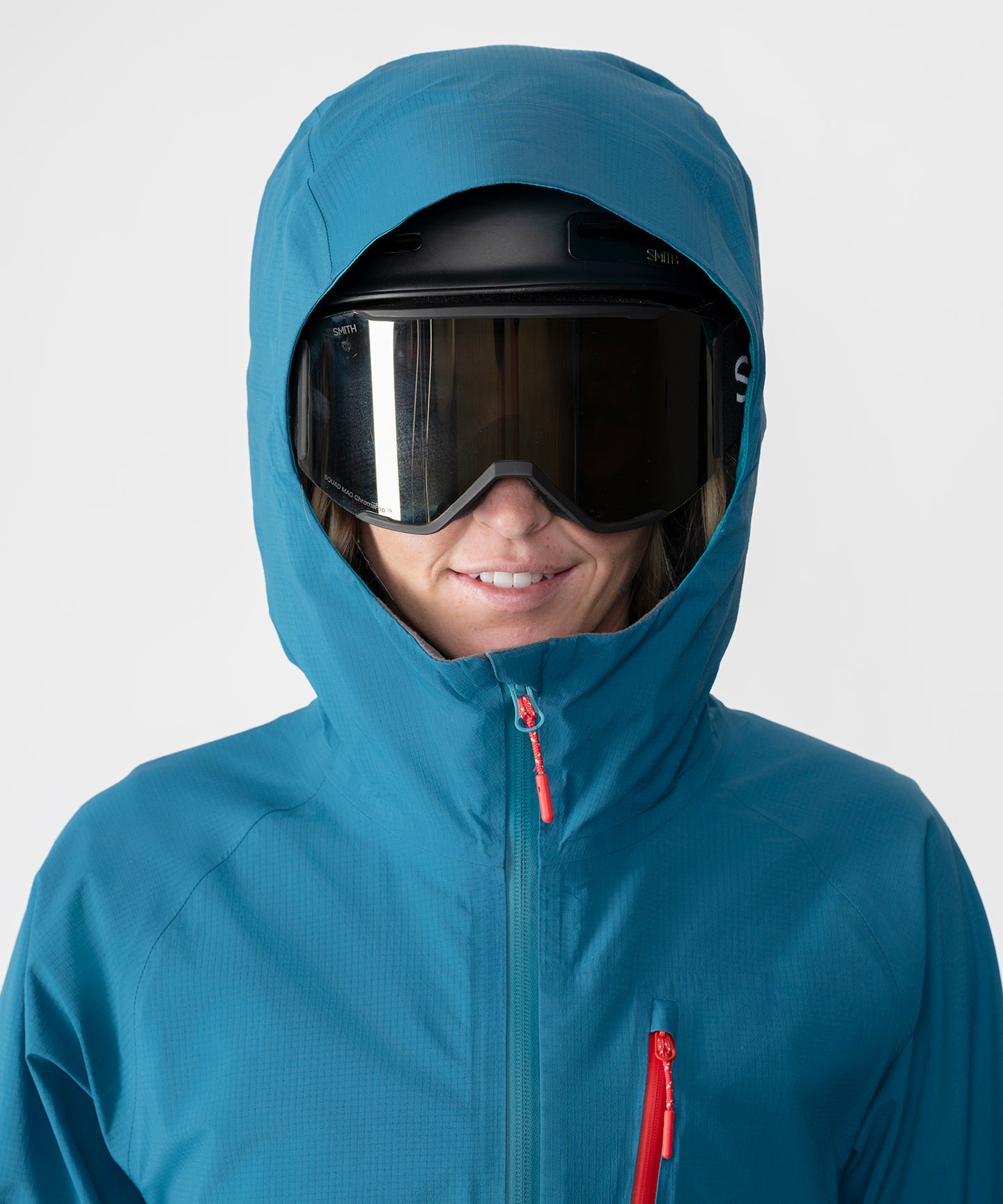 Strafe Outerwear - Meadow 3L Shell Jacket - Woman wearing jacket, hood up - Dark Teal