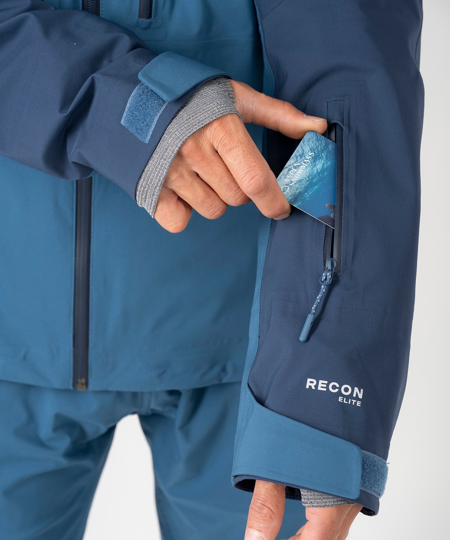 Strafe Outerwear - Pyramid Jacket - Lift pass sleeve pocket detail - Blue Water