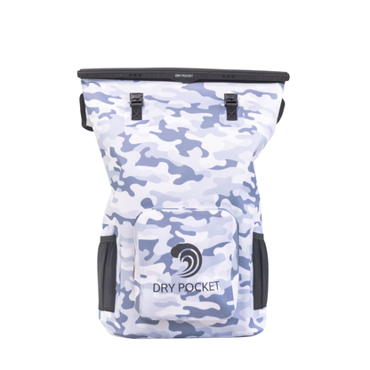 Dry Pocket - Waterproof Floating Backpack Dry Bag - Snow Camo - Front with top closure shown