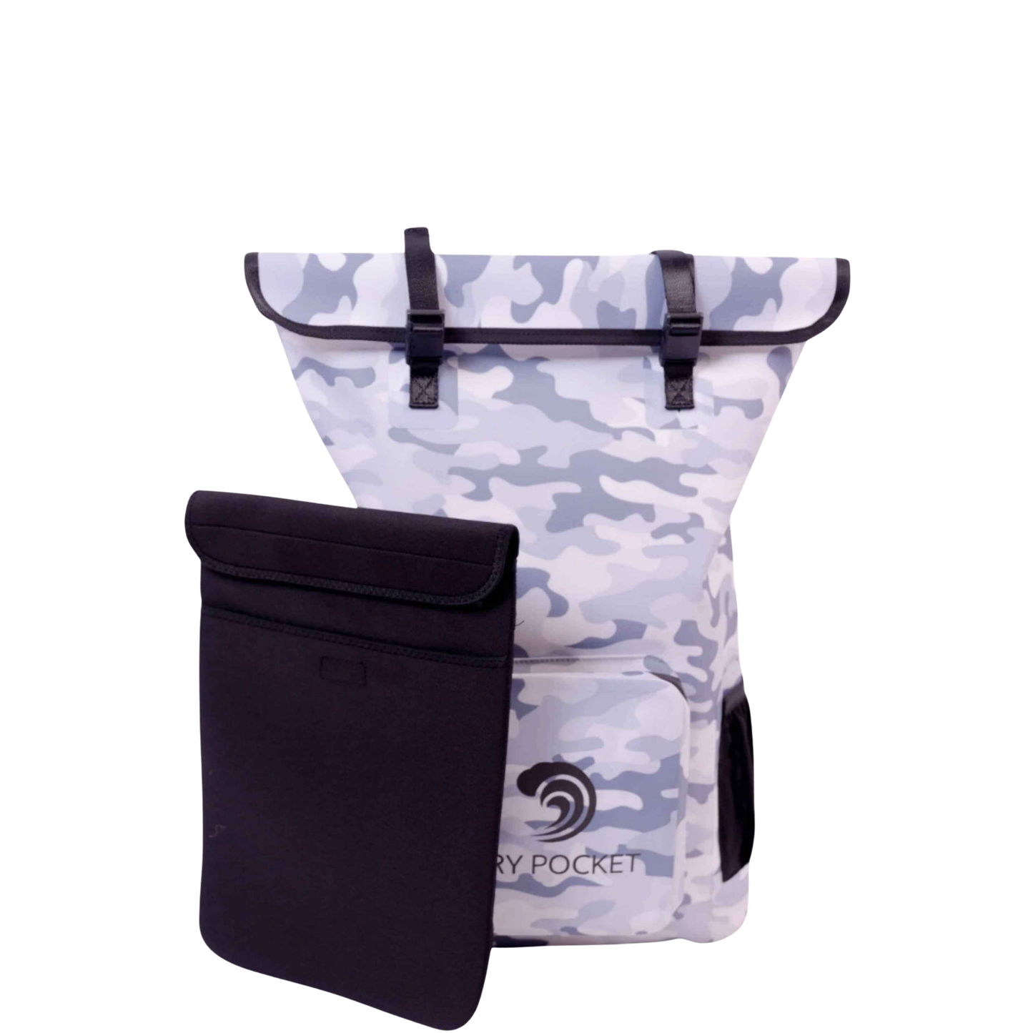 Dry Pocket - Waterproof Floating Backpack Dry Bag - Snow Camo - Front with removable inside pouch