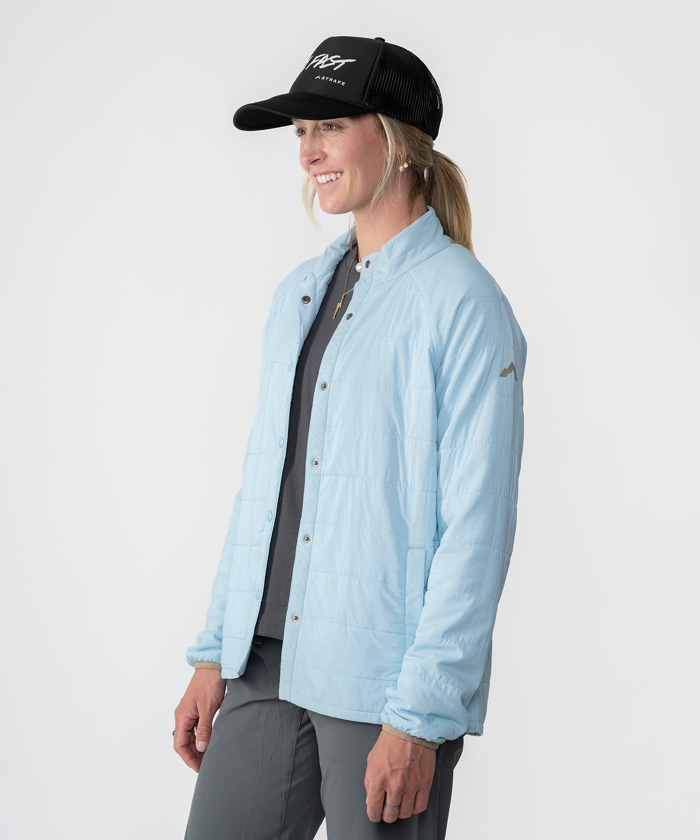 Strafe Outerwear - Highlands Shirt Jacket - Women's - Front left unbuttoned - Power blue
