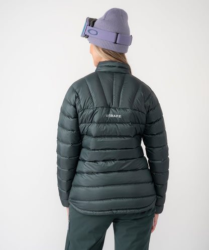 Strafe Outerwear - Palisade Down Insulator Jacket - Woman wearing puffy jacket, back - Deep Forest