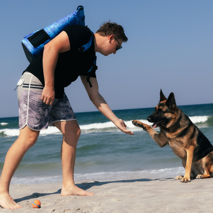 Dry Pocket - Waterproof Floating Cooler Backpack Dry Bag - Aqua Blue - Man wearing backpack and playing with dog