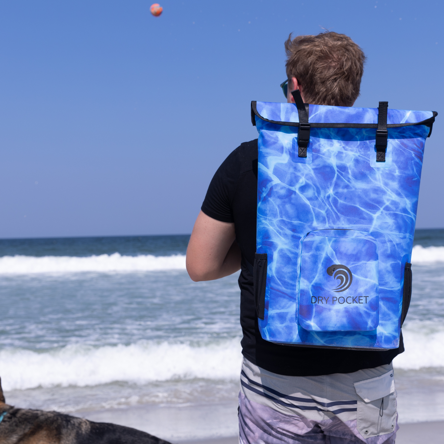 Dry Pocket - Waterproof Floating Cooler Backpack Dry Bag - Aqua Blue - Bag worn on models back