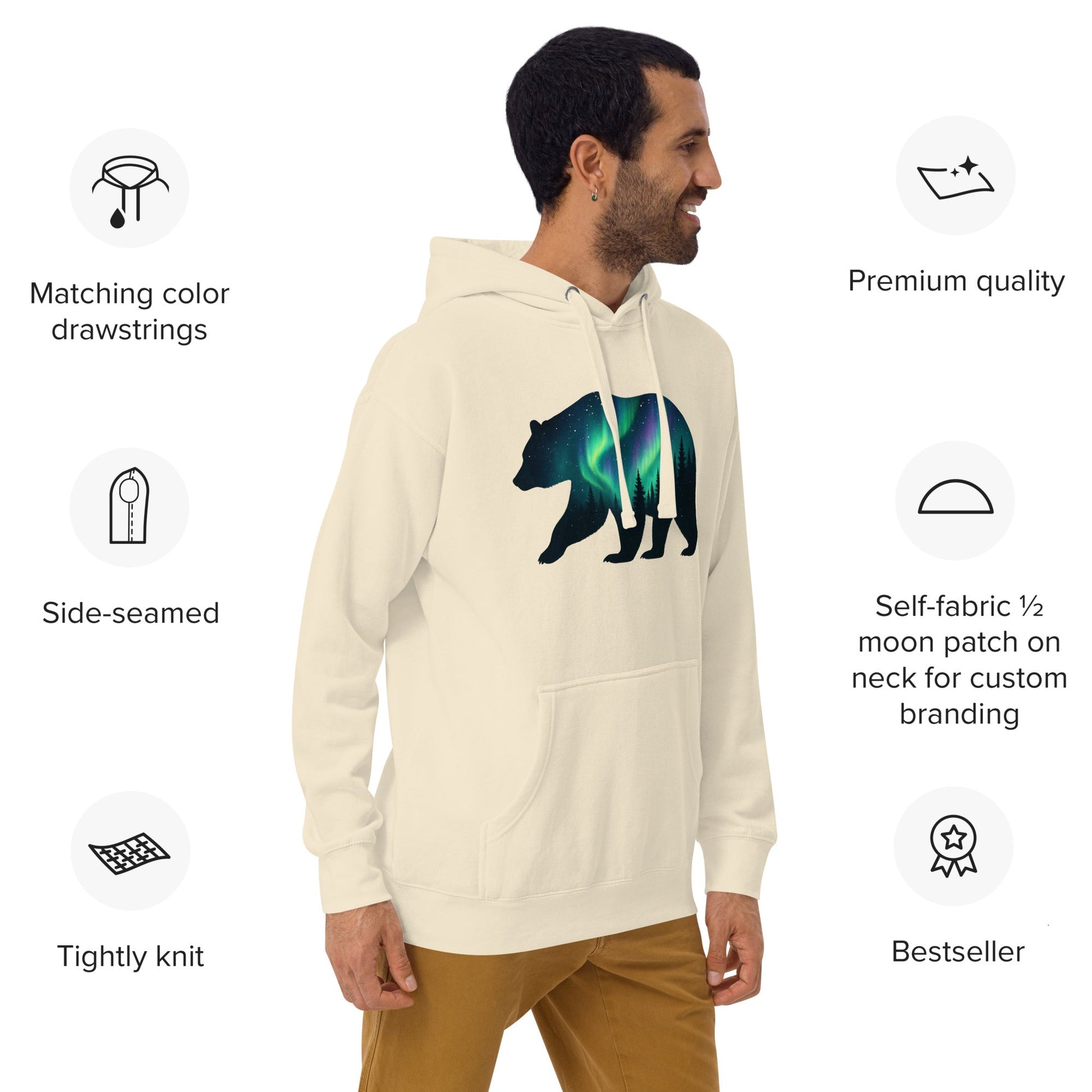 Trail Tide Co - Aurora Bear Hoodie - Features - Male model - Bone