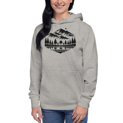 Trail Tide Co - Alpine Reflection Hoodie - Front Left - Female model - Carbon Grey
