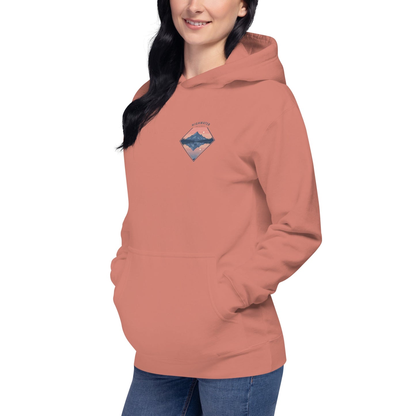 Trail Tide Co - Highwater Horizon Hoodie - Front Left - Female model - Dusty Rose