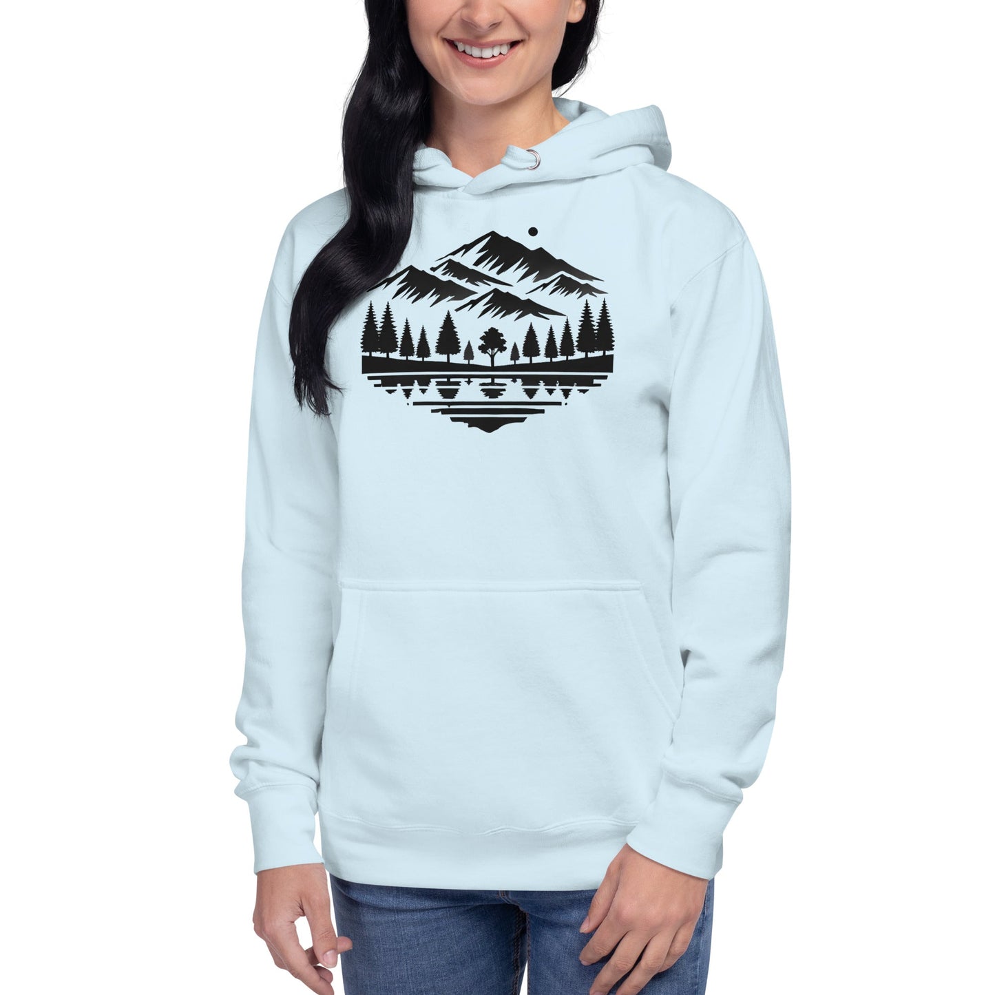 Trail Tide Co - Alpine Reflection Hoodie - Front Left - Female model - Sky Blue