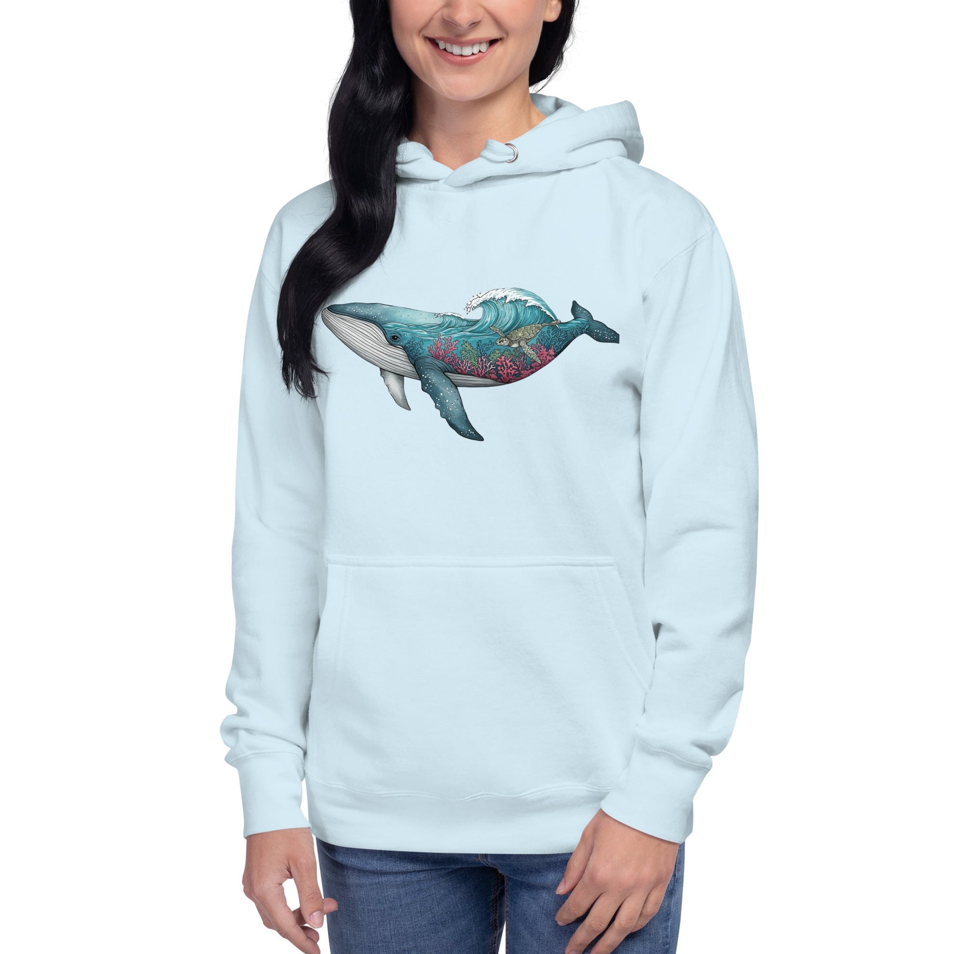 Trail Tide Co - Reef Rider Hoodie - Front Left - Female model - Sky Blue